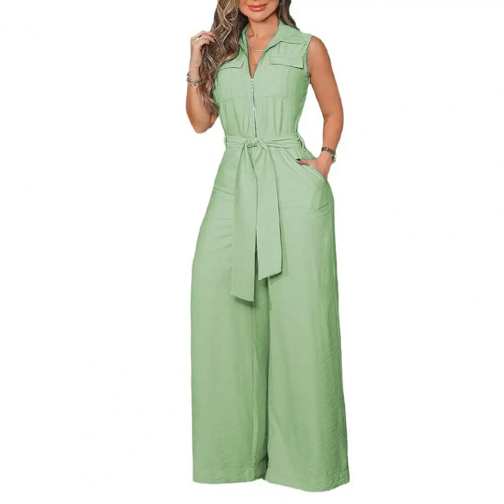 

Summer Women Jumpsuit Wide Leg Sleeveless Solid Color Side Pockets OL Belted Waist Half Zipper Deep Crotch Office Jumpsuit