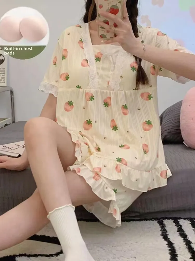 

Summer Women's Sleepwear Set with Chest Pad Thin Short Sleeve Strawberry Print Home Clothes Sweet Cute Style Home Fashion