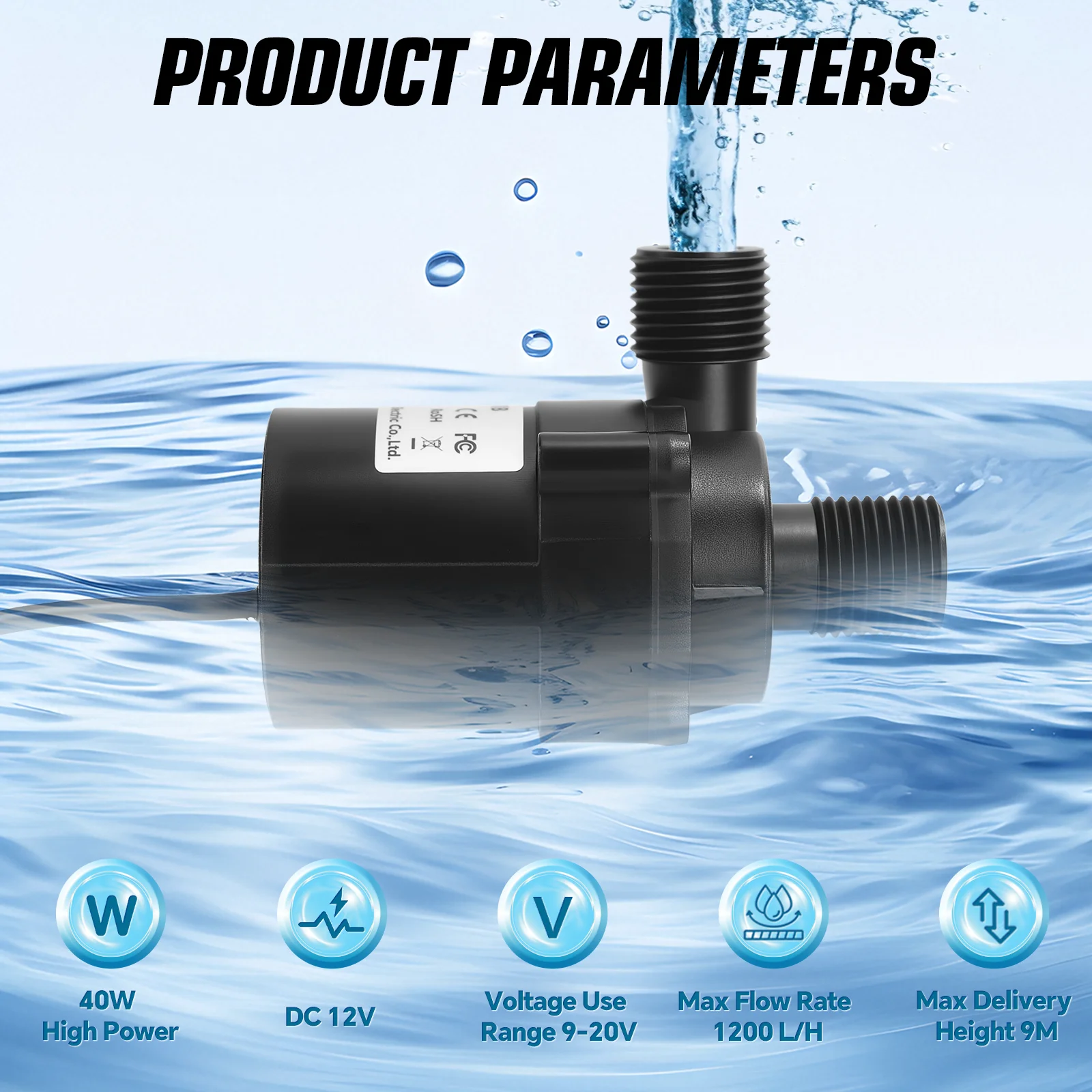 40W Brushless Submersible Water Pump DC12V 1200L/H Ultra-quiet Portable Water Transfer IP68 for Garden Pool Fish Tank