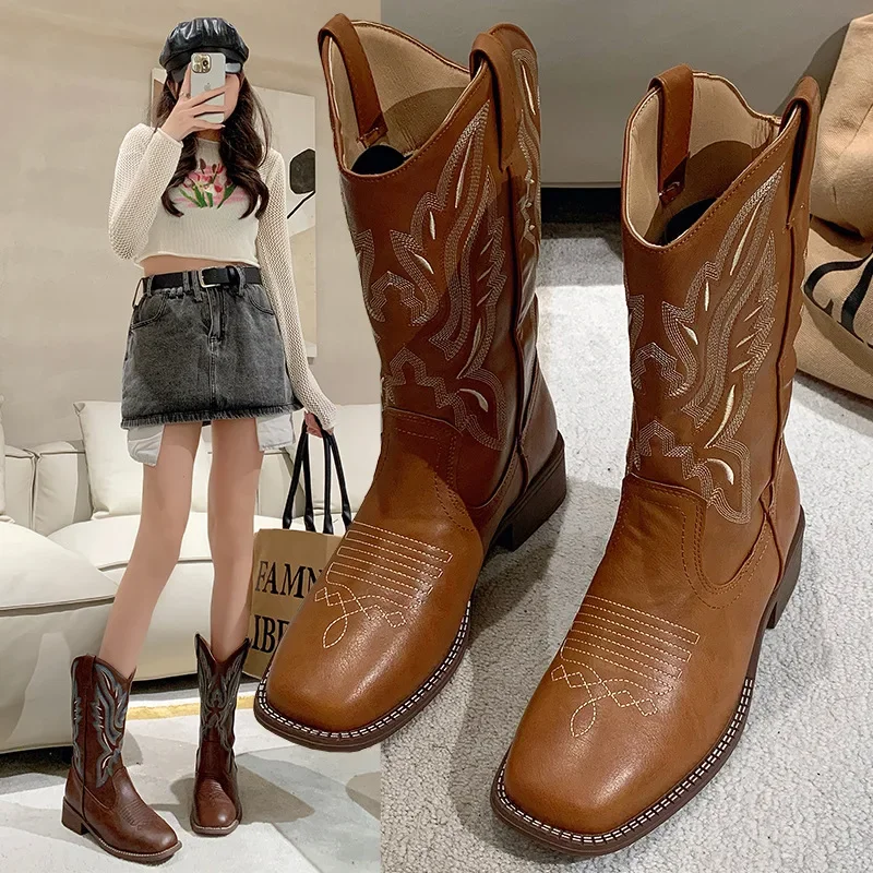 2023 Autumn/Winter New Style Western Denim Boots Versatile Adult Women's Boots Embroidery Sock Top Knight Motorcycle Boots Mid-C