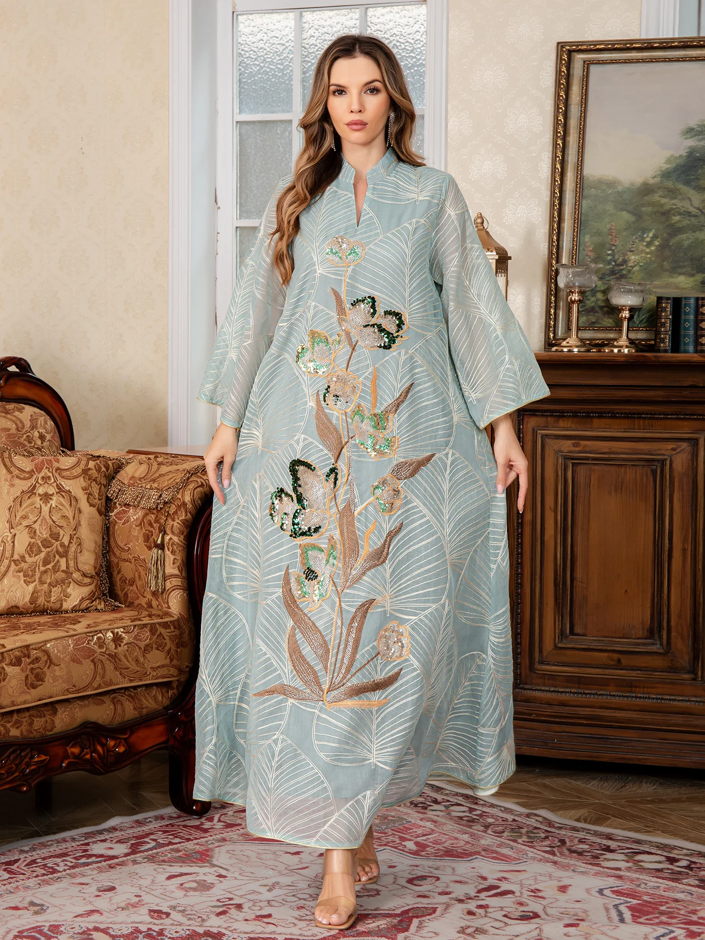 Nowa bliskowschodnia muzułmańska suknia damska, luźny krój, materiał bez rozciągania, elegancka, wysokiej jakości, haftowana koronka, sukienka w stylu Dubajskim, arabska sukienka, abaja.
