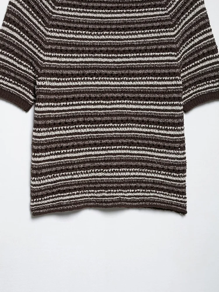 KUCLUT Women Fashion Striped Knitted Pullover Sweater Vintage O-Neck Short Sleeves Female Chic Lady Tops