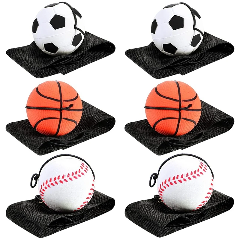 

6 Pcs Wrist Return Ball Sports Wrist Ball Includes Basketball, Baseball And Football On A String Rubber Rebound Ball