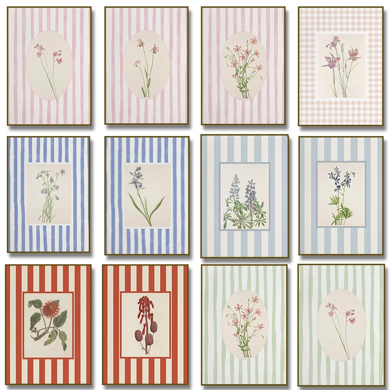 Rosa Blumenmuster Blau Gestreiftes Botanisches Poster Leinwanddruck Neutrales Cottagecore Wandbild für Wohnzimmer Heimdekoration
