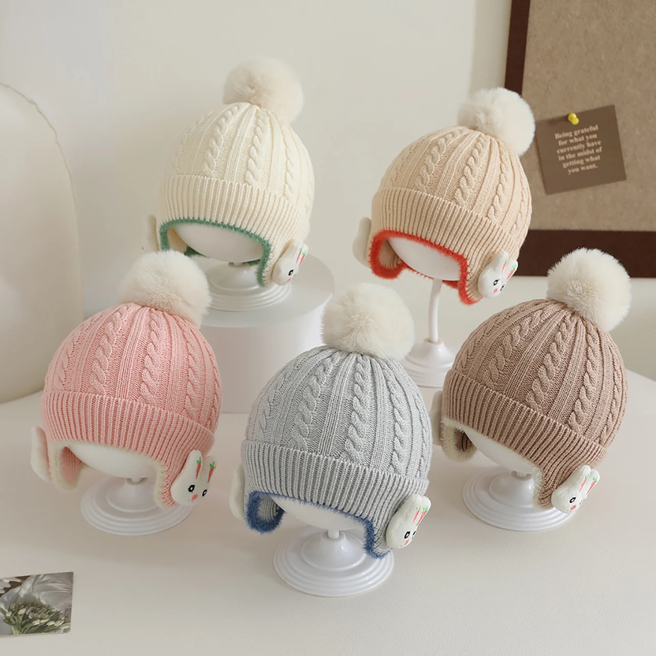 

Pompom Beanie Winter Warm Baby Earmuffs Cap Cute Rabbit Ear Protection Hat 1-3year Kids Woolen Knit Hats Cartoon Children Bonnet