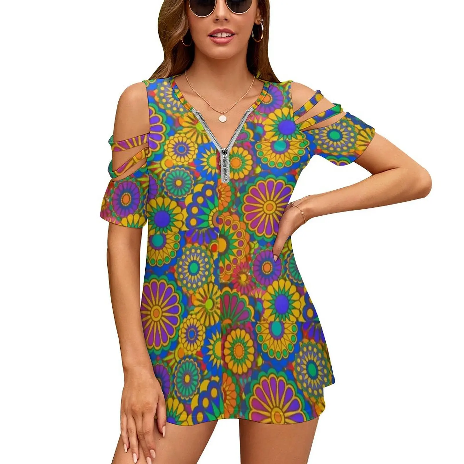 Psychadelic Hippie Flower Power Design New Fashion Zip Off Shoulder Top Short-Sleeve Women Shirt Hippy Hippie Retro 60S Vintage