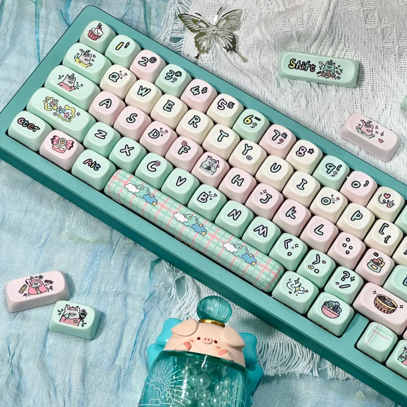 Strawberry Piggy Keycap 140Keys MOA Profile Thermal Sublimation PBT Keycaps for DIY Mechanical Keyboard Pink Green Cute Key Caps