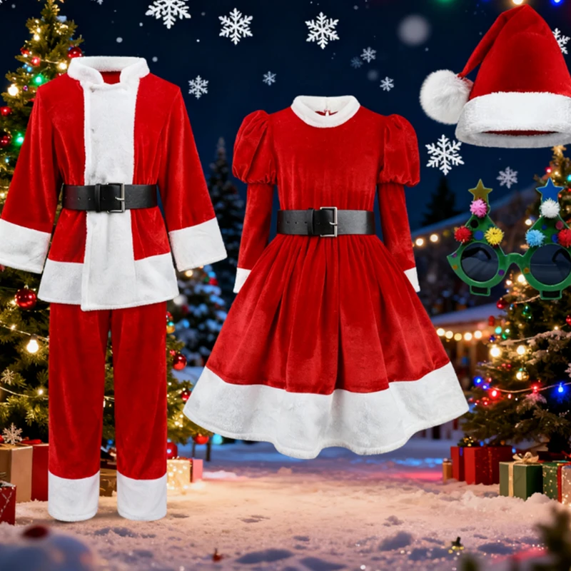 4PCS Santa Claus Cosplay Costume Boys Girls Xmas Costume Red Velvet Princess Dress Kids Mr Mrs Claus Christmas Cosplay Outfits