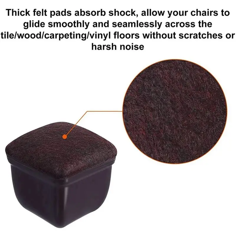 ABUP-80 Pcs Brown Silicone Chair Leg Floor Protectors, Square Chair Leg Caps With Wrapped Felt, Fit: 0.75 Inch-1.0 Inch