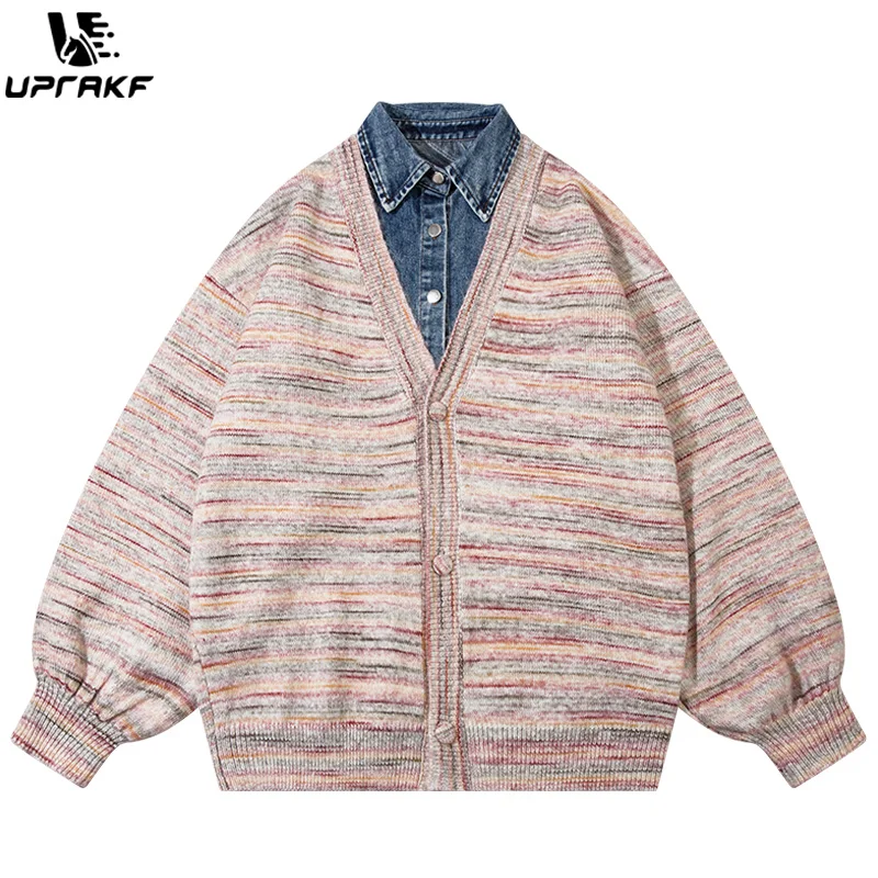 UPRAKF Patchwork Harajuku Sweater Oversize Basic Autumn Warm Streetwear Long Sleeves Cardigan Fashion Pullovers