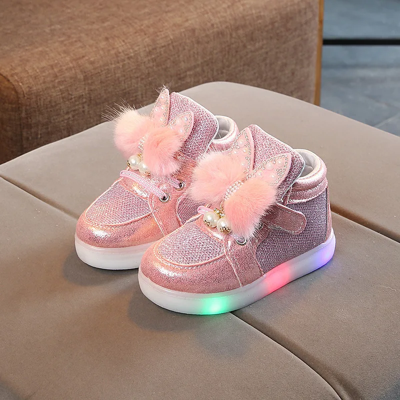 Kinder Lente Herfst Led Sneakers Met Parel Prinses Schoenen Gloeien Kinderen Meisjes Lichtgevende Sneakers Peuter Baby Backlight Zool