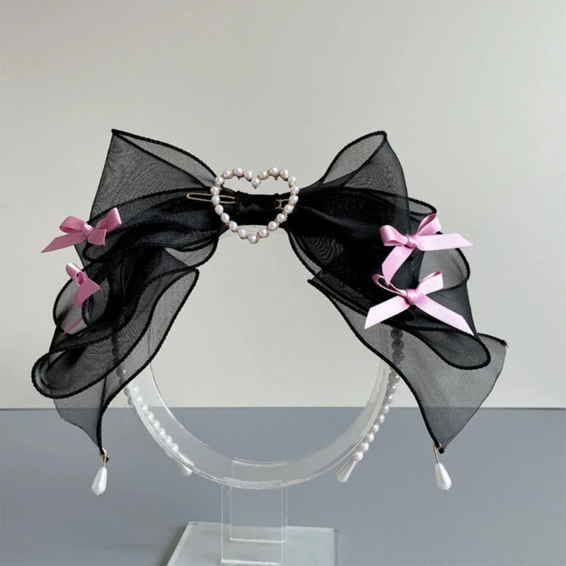 Lolita Girls Cute Pearl Bead Hairband Women Sweet Lace Bows Bridal Hair Hoop Gothic Cosplay Wedding Party Headband Photo Props image 3