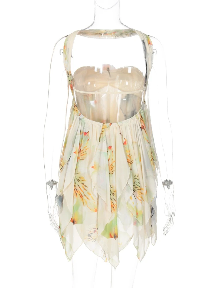 FDYOUI Woman Clothes Pink Mini Dress Sexy Halter Off Shoulder Backless T-shirt Dresses Girls Floral Print Party Club Streetwear