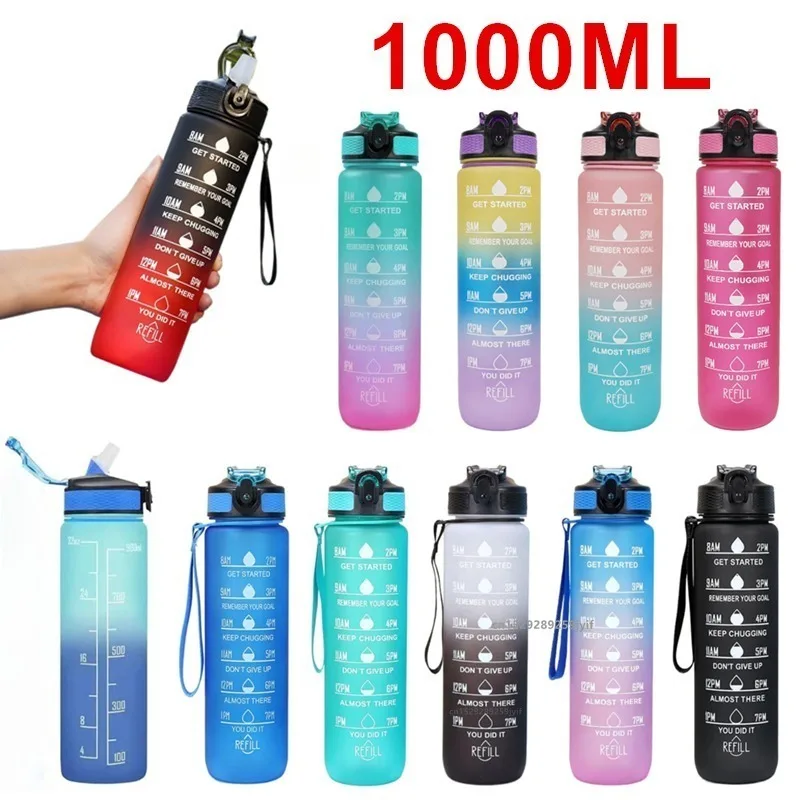 Botella de agua de plástico de 1000ml de Color degradado con pajita, botella de agua deportiva a prueba de fugas para viajes al aire libre, Fitness, ciclismo
