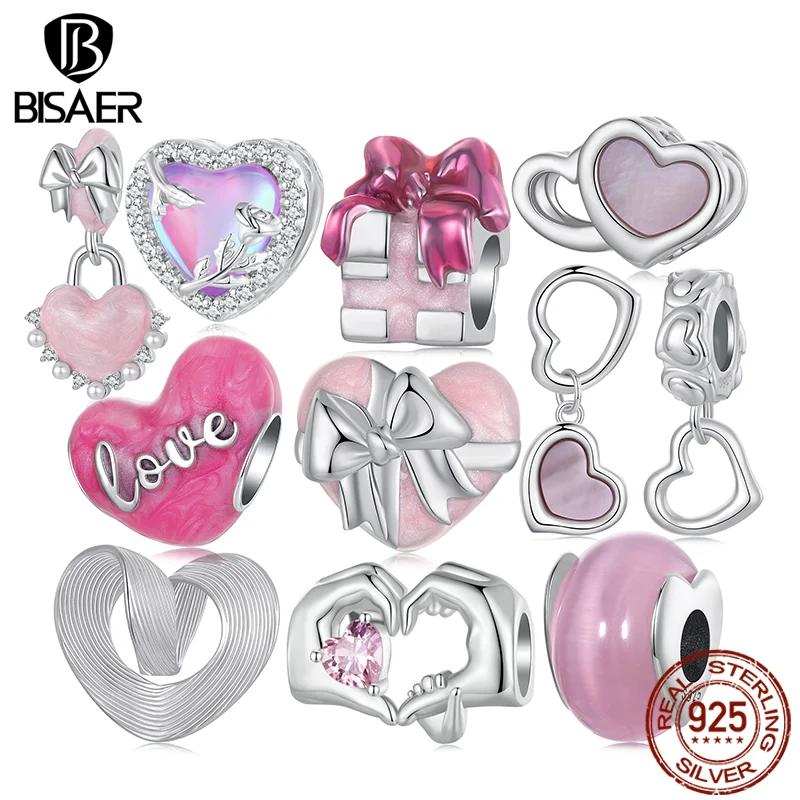 BISAER 925 Sterling Silver Pink Shell Eternal Double-heart Charms Bow-knot Enamel Pendant for Women DIY Bracelet Fine Jewelry