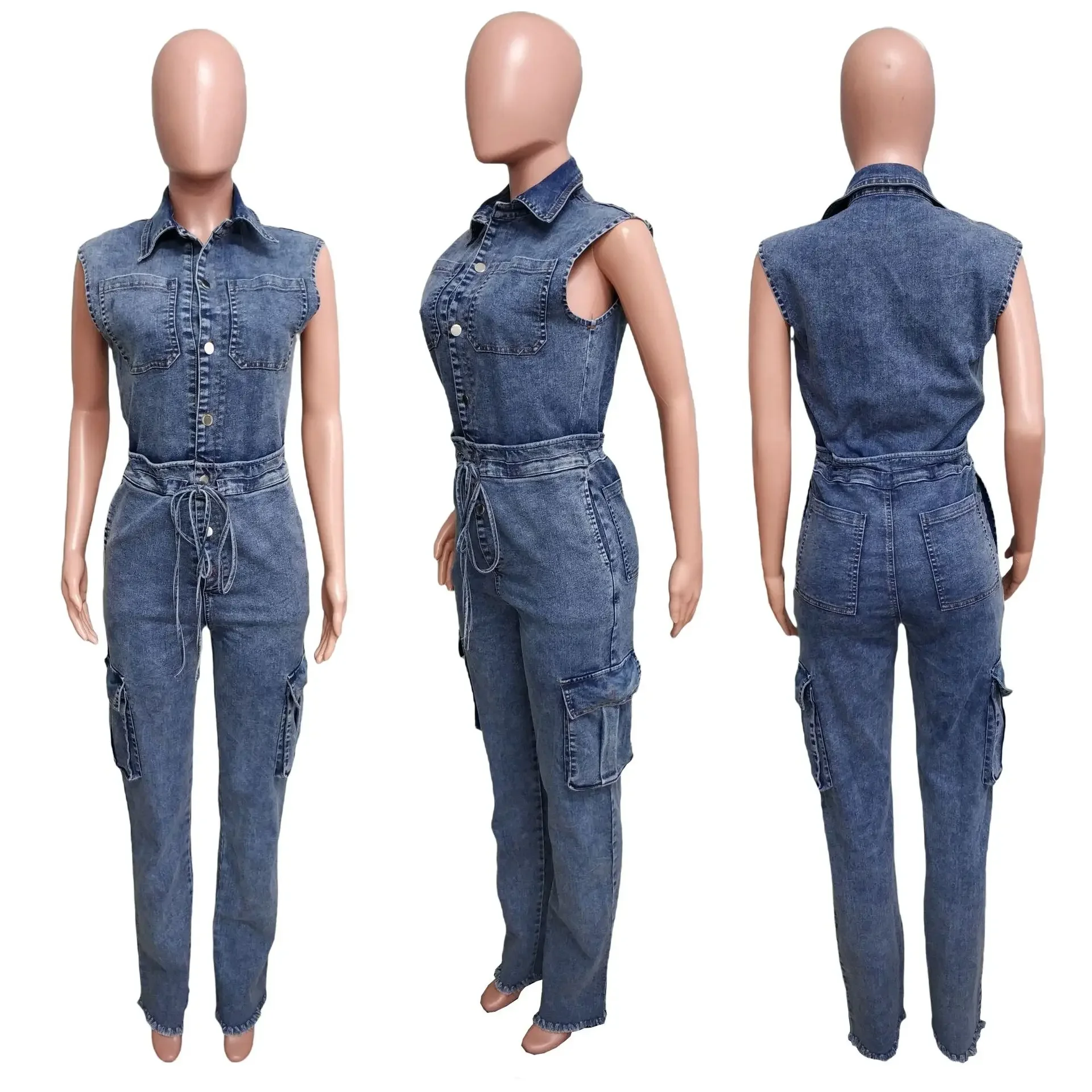 Women Denim Sashes Cargo Jumpsuit Sleeveless Turn-down Collar Single Breasted Rompers Washed Fashion Outfit 2024 Summer