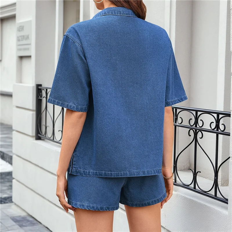 FX-Summer Denim Set للنساء 2 قطعة عادية كم قصير Boxy قميص بلايز وسراويل قصيرة صالة مجموعات وتتسابق