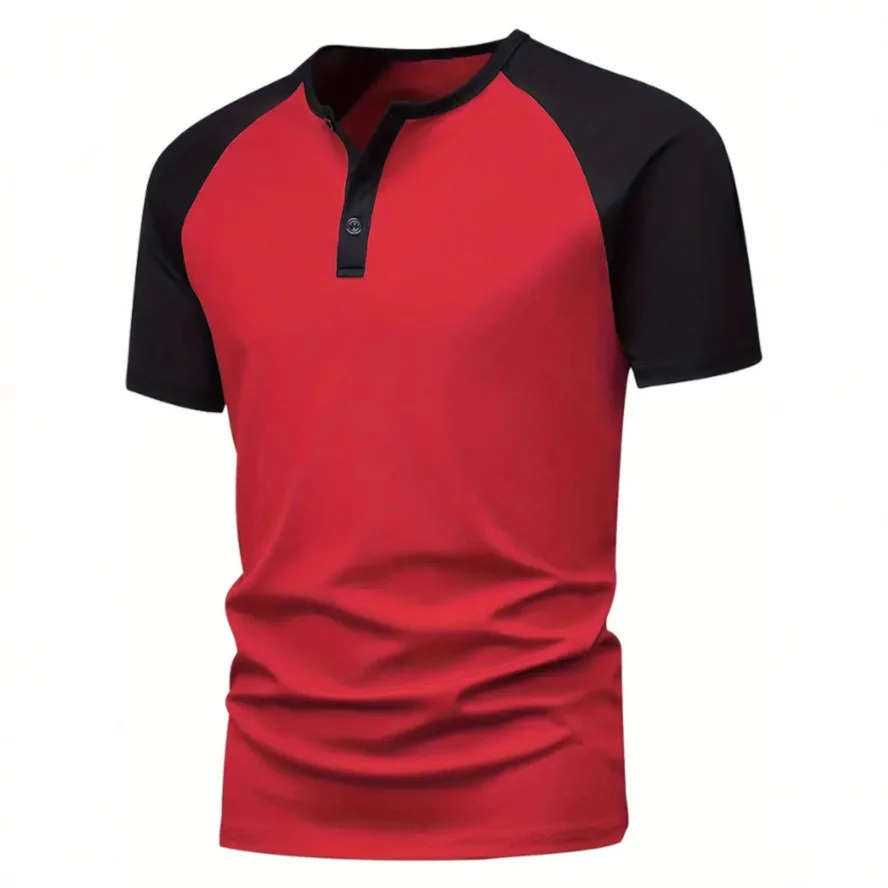 A fashionable two-tone Henry collar T-shirt, men's schoolstyle short-sleeved shirt, lightweight and breathable base layer