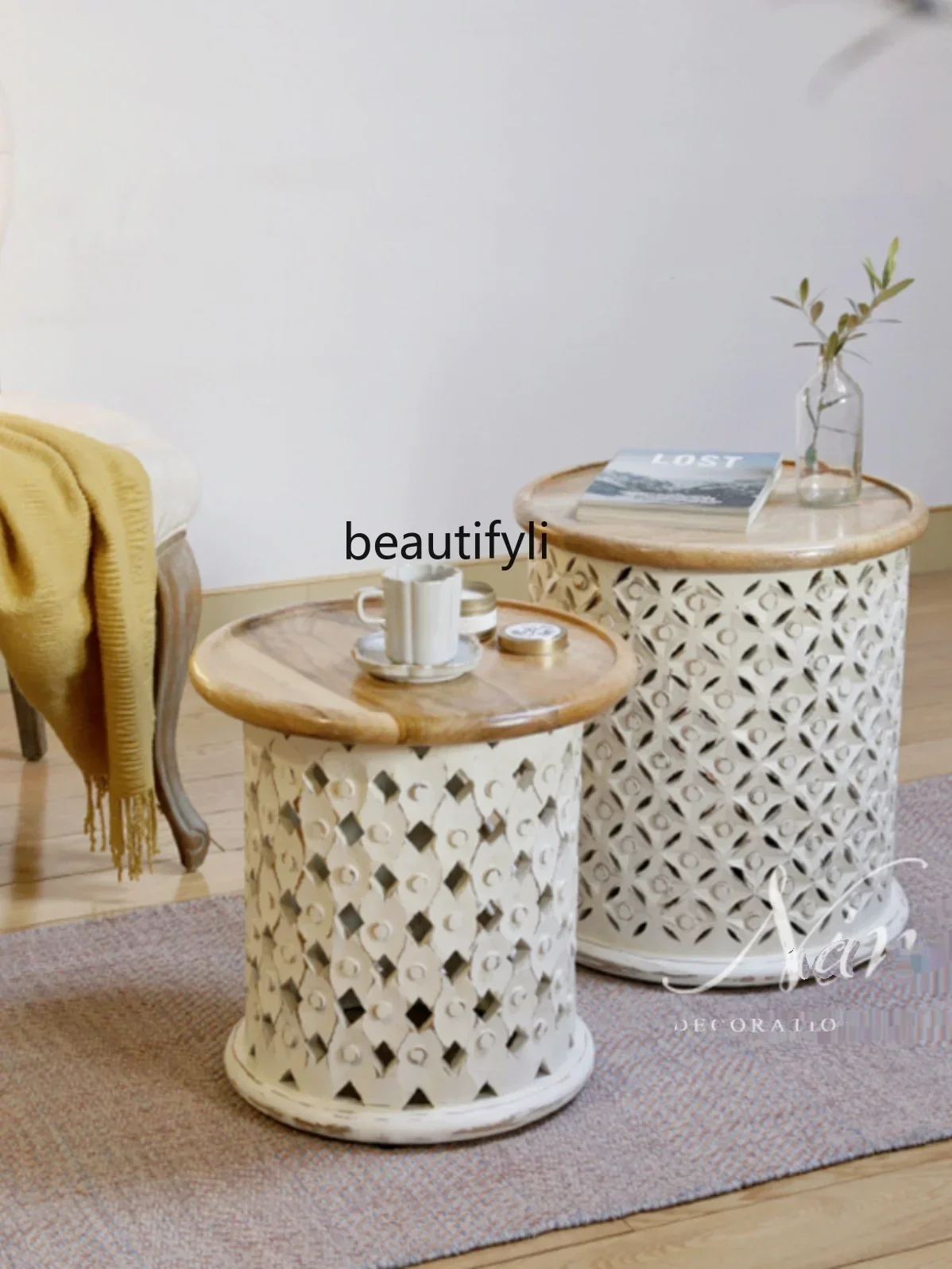 Retro furniture romantic French old carving decoration mango wood coffee table bedside round table