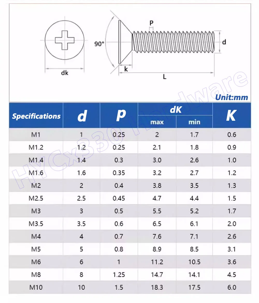 M2 M2.5 M3 M4 M5 M6 304 Stainless Steel Phillips Cross Recessed Countersunk Head Screw, PVD Vacuum Plating Titanium Gold Bolts