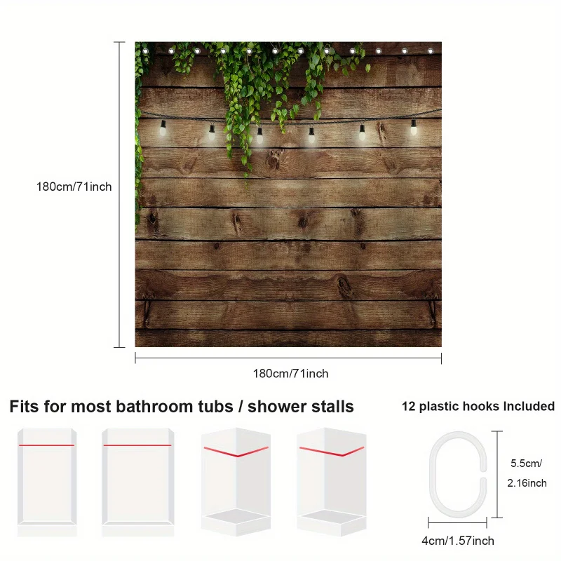 Set Pancuran rumah pertanian pedesaan 12 kait-tirai mandi poliester tenun tahan air, desain Panel kayu antik dengan Garl