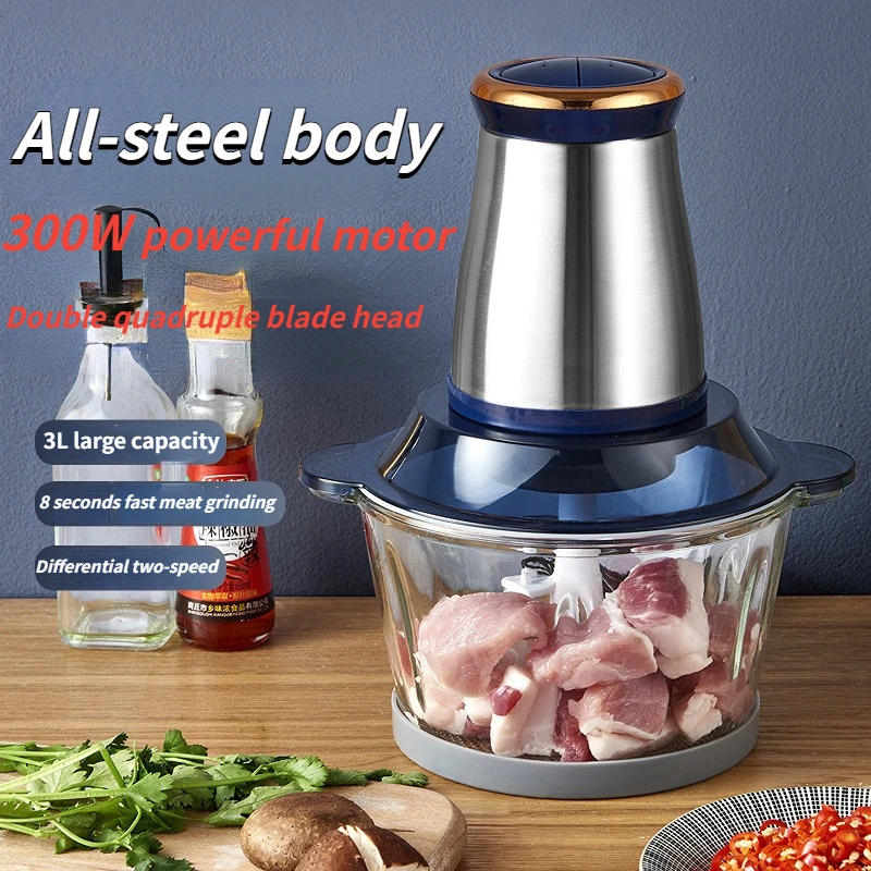 Moedor de carne elétrico de aço inoxidável, Moedor para moer legumes, ovos, carne triturada com aço inoxidável 3L e multifuncional