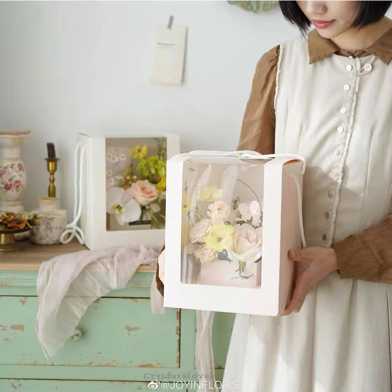 5pcs האהבה יום פרח תיבת פתוח חלון Pvc שקוף כיכר נייד מתקפל פרחים אריזה נצחי פרח אריזת מתנה