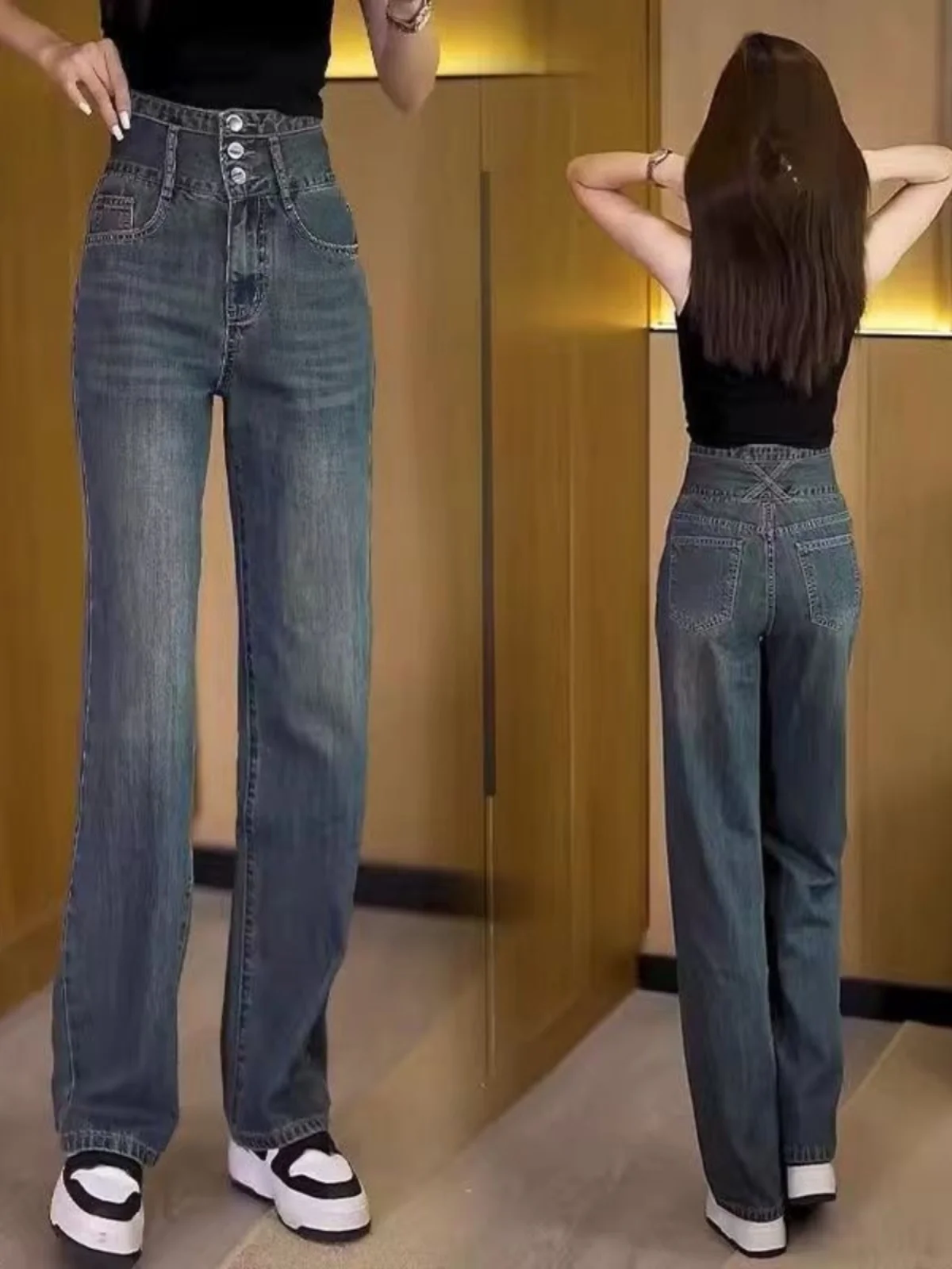 High Waist Wide Leg Denim Jeans Women's Three Button Loose Slimming Straight Leg Pants Spring Summer Trendy Vintage Style