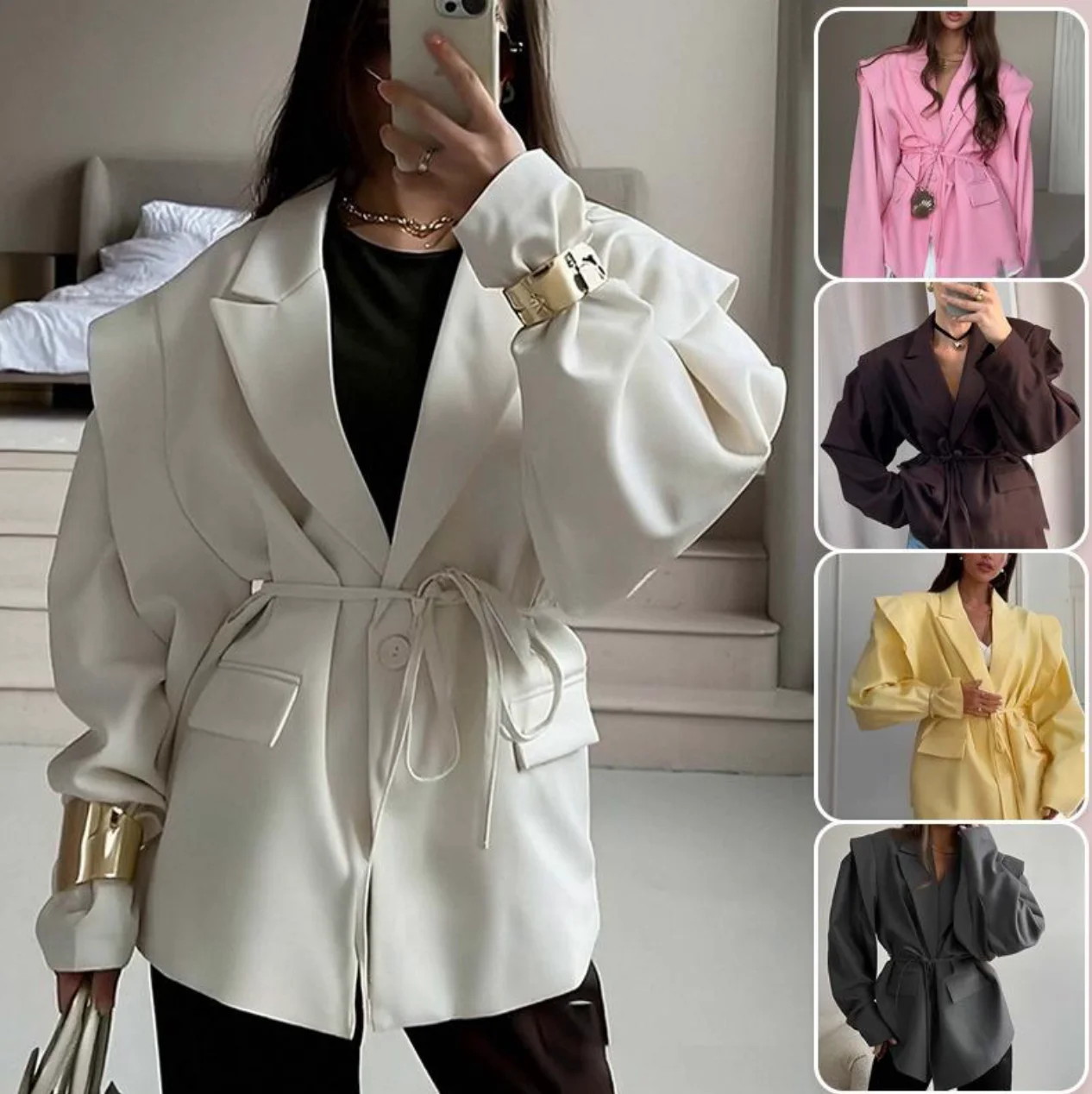 Tie V Neck Coat Regular Length Elegant Commuter with Wrinkle Fitted Jacket Summer Tie Waist Long Sleeve V Neck Blazer for Women