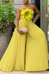 Women's Ruched Wide Leg Jumpsuit Vacation Yellow Halter Collar 3D Pleated Chiffon Pleated Spaghetti Straps Elegant Jumpsuit 2