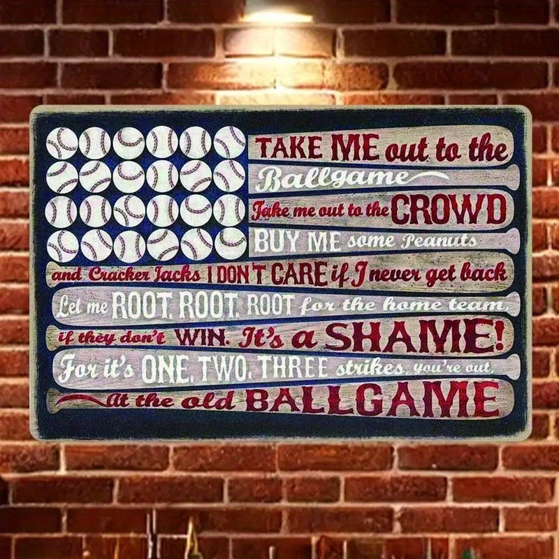 Vintage Baseball Flag Metal Wall Art, Take Me Out to the Ball Game Sign, Rustic Iron Sport Decor for Man Cave Bedroom Sports Roo