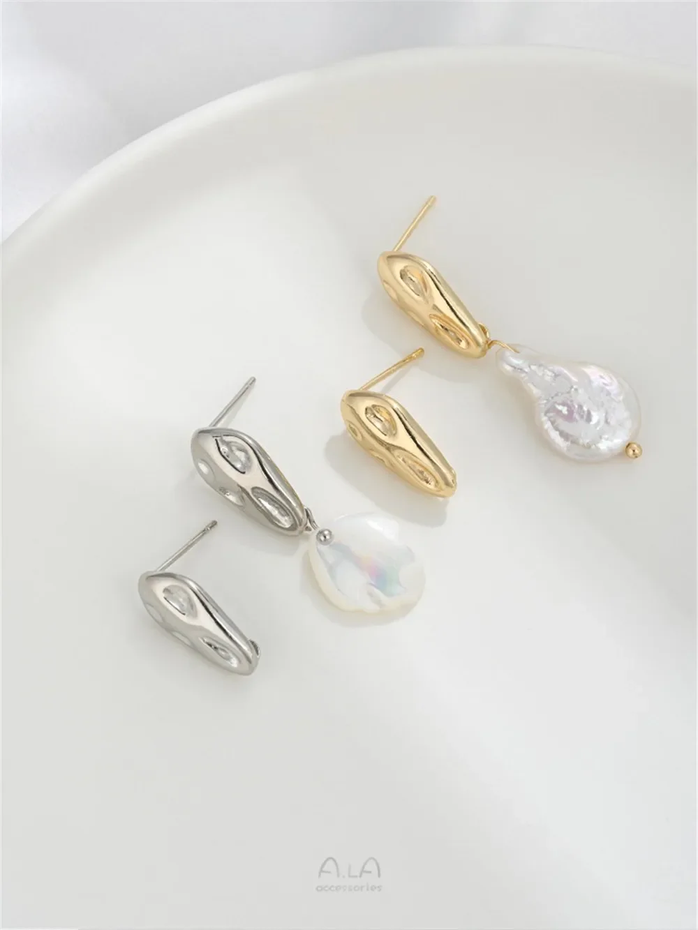 

925 Silver Needle 14K Package Gold Concave Convex Meteorite Water Droplet Hanging Rings Earstuds DIY Pearl Ear Jewelry Accessori