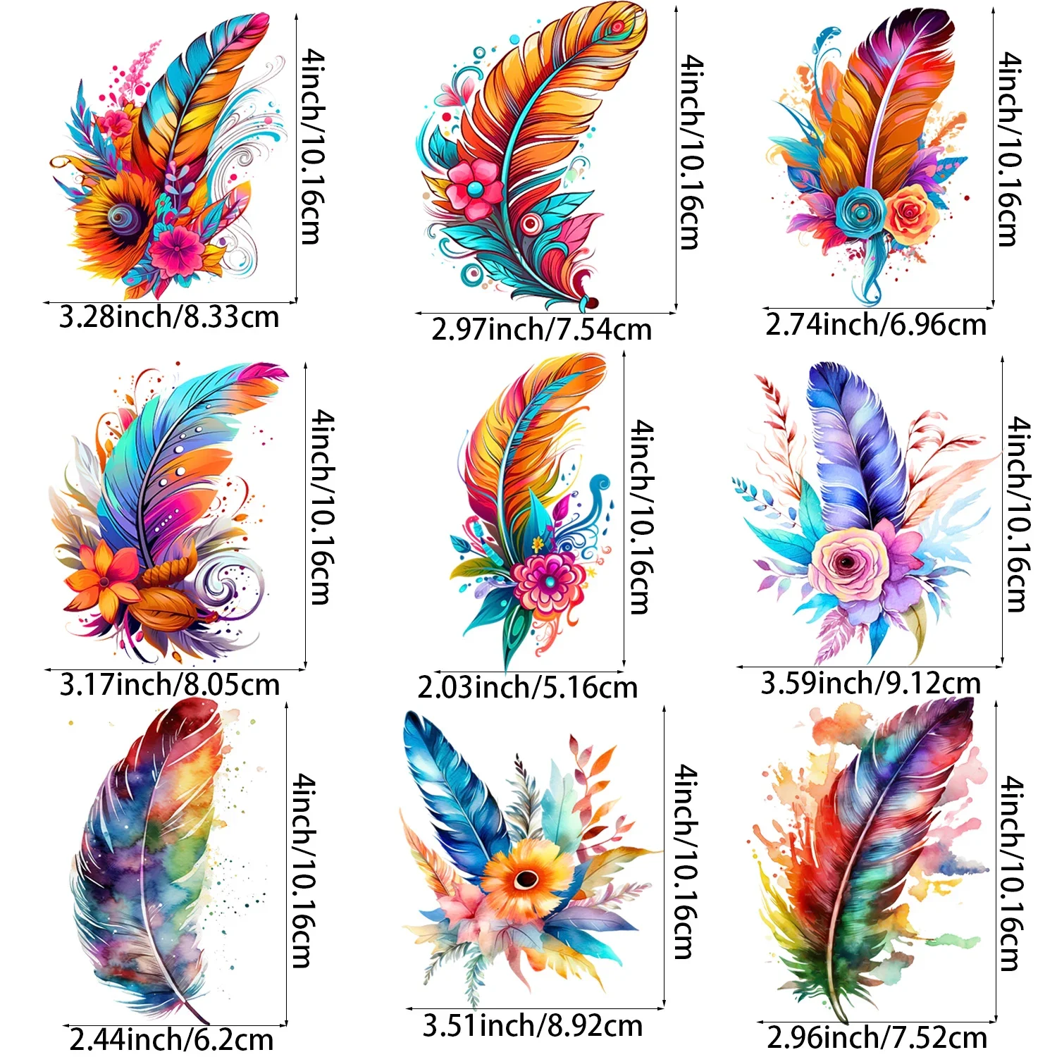 9 Pack Watercolor Floral Feather Iron-on Appliques Transfer Stickers Suitable for DIY T-Shirts Backpack Decoration iron on patch