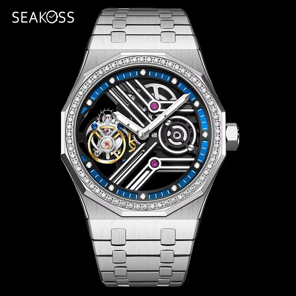

SEAKOSS мужские механические наручные часы с турбийоном и градиентом, ручные наручные часы, супер светящиеся сапфировые мужские часы 7055