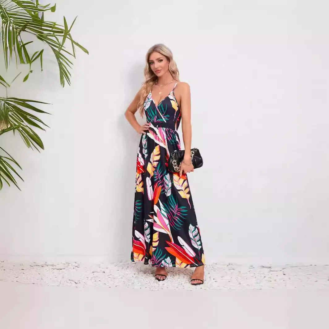 فستان بوهو أنيق مطبوع للنساء مثير بياقة على شكل V بدون أكمام فساتين طويلة 2025 لربيع وصيف عطلة الشاطئ فستان الشمس فساتين نسائية