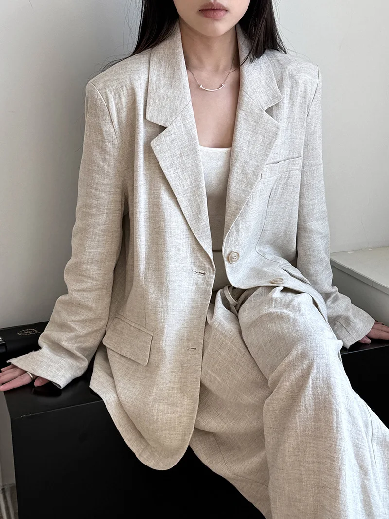 Otoño de alta gama Material de lino Blazer chaqueta conjuntos mujeres 2025 novedad de verano suelta pierna ancha pantalón Casual ropa de mujer Oficina señora