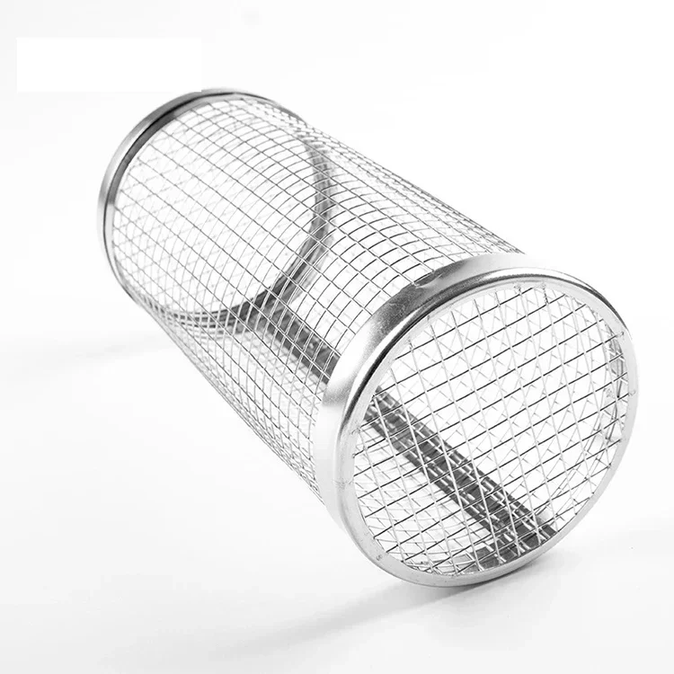 Edelstahl-Zylinder-Grillkorb, tragbarer runder BBQ-Rost, Drahtgitter-Grillrost für Outdoor-Camping und Picknick – Detail 10