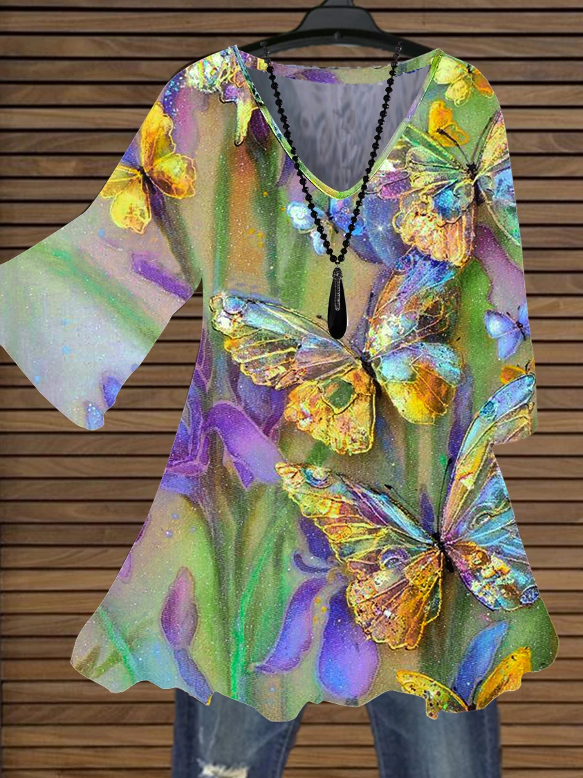 Plus Size Boho Top Women's Plus Tie Dye Butterfly Print Three Quarter Sleeve V Neck Slight Stretch Top