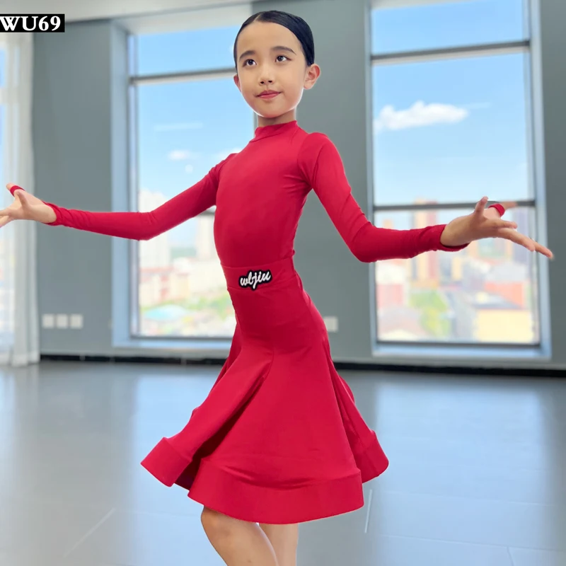 الفتيات اللاتينية الرقص المنافسة الملابس لامعة النسيج طويلة الأكمام فستان رقص الاطفال تشا رومبا الرقص ممارسة ملابس التدريب البدلة
