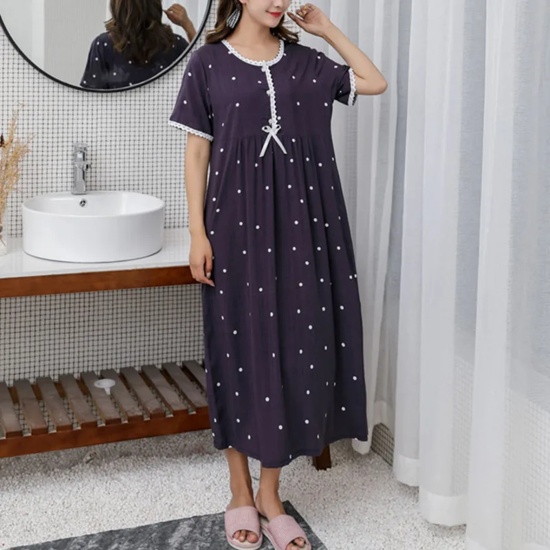 Women Nightgown Cotton Short Sleeve Lingerie Polka Dot Nightwear Women\'s Pajamas Home Clothes Dressing Gown Plus Size Nightdress