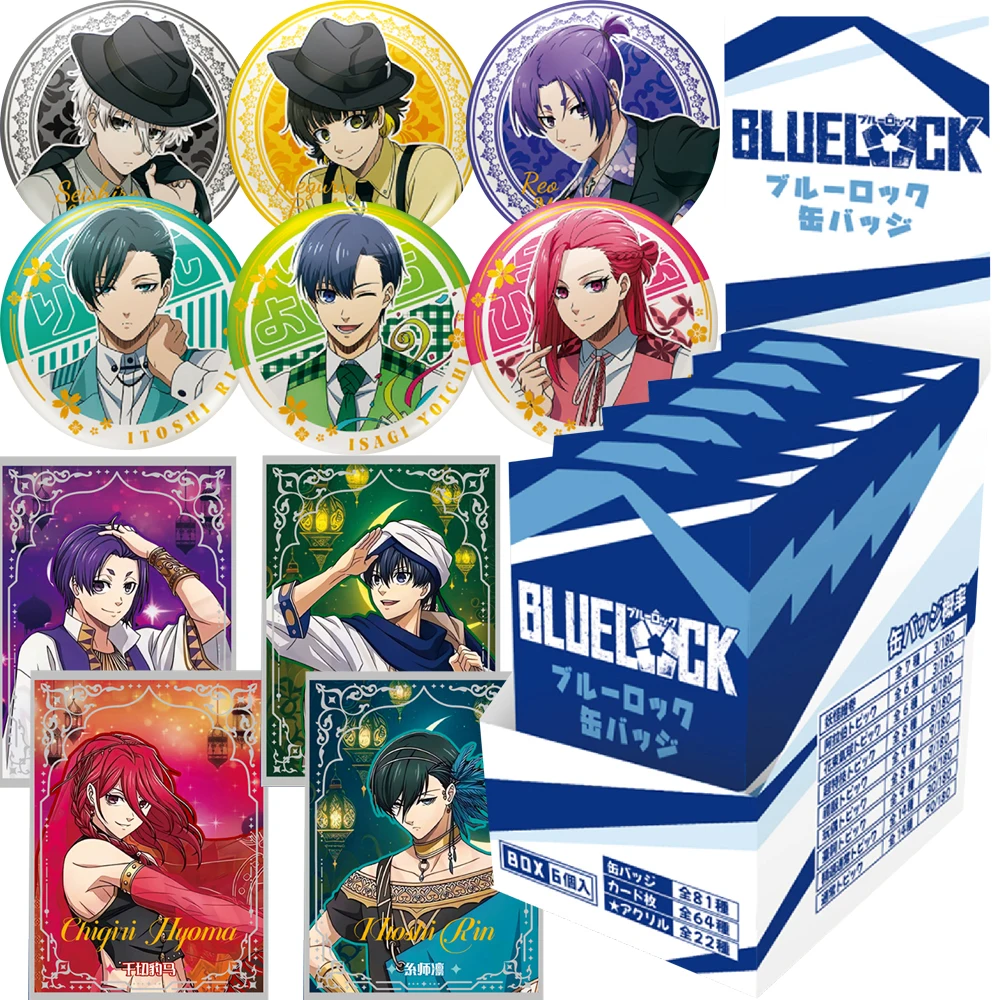 Image of Blue Lock Anime Blind Box Badge & Collectible Card Set, Isagi Yoichi Chigiri Bachira Reo Arabian Gentleman Themed Round Tin Pin