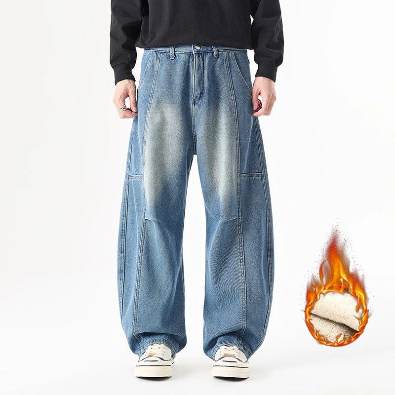 

Мужские флисовые толстые джинсы с изогнутыми ножками, свободные широкие джинсовые брюки в американском стиле в стиле ретро, винтажные повседневные брюки с дизайном сращивания