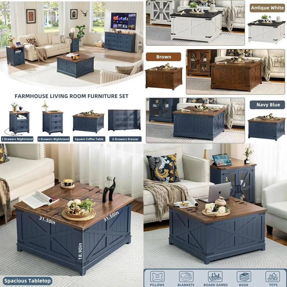 

Modern Navy Blue Farmhouse Coffee Table with Lift Top Storage for Living Room and Office Use