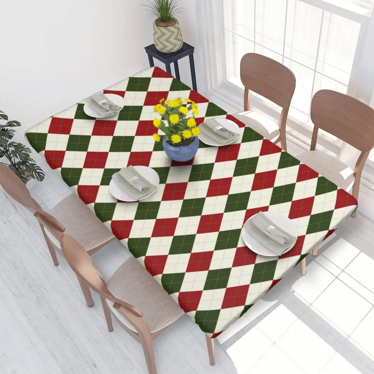 Custom Rectangular Waterproof Christmas Argyle Pattern Table Cover Table Cloth 4FT Tablecloth for Dining