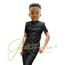 Boys Suit Black 2 Pieces Short Sleeve Party Tuxedo Formal Wedding Kids Clothes Indian Style Blazer Pants 2-16 Years Old