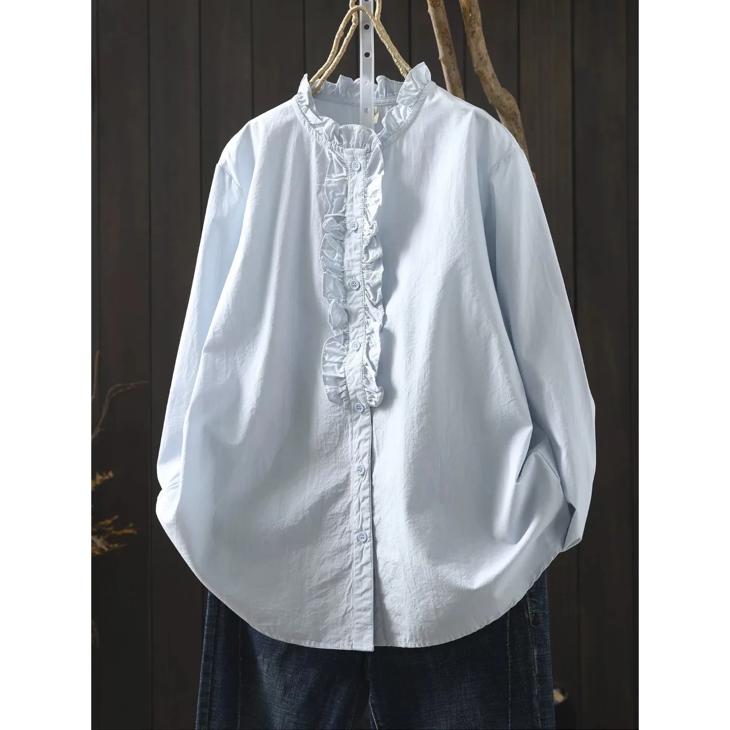 

Spring Autumn Loose Shirt Women's Large Size Fashionable Collar Artistic Style Long Sleeve Button up Casual Outerwear Top