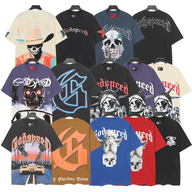 

Футболка Godspeed Vintage из чистого хлопка, свободного кроя, с забавным принтом в уличном стиле для молодежи