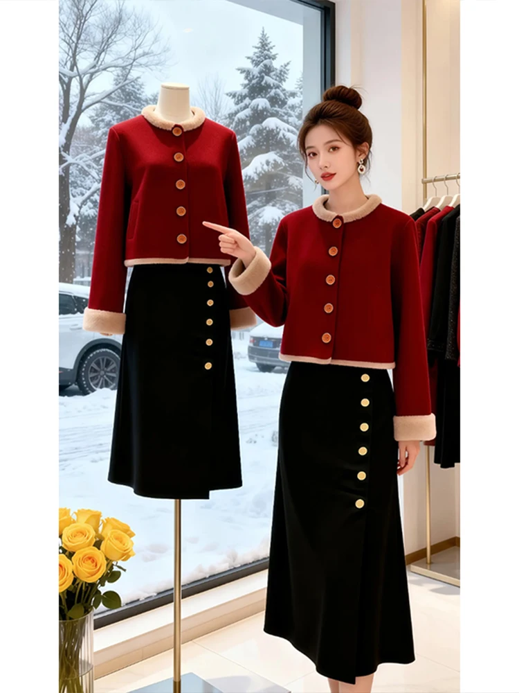 

Red ort Coat Women's Faionable Chinese Sle Retro Woolen Top Commute Korean Version Loose Fit Long Sve Other/Other