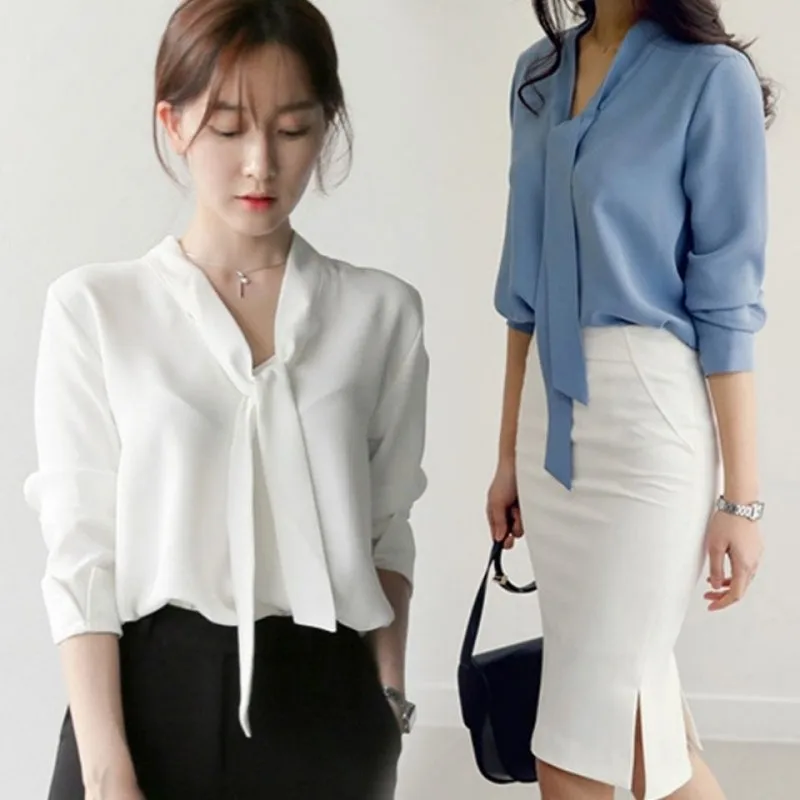 Women Spring Autumn Style Blouses Shirts Lady Casual Long Sleeve Bow Tie Collar Solid Color Blusas Tops WY1041