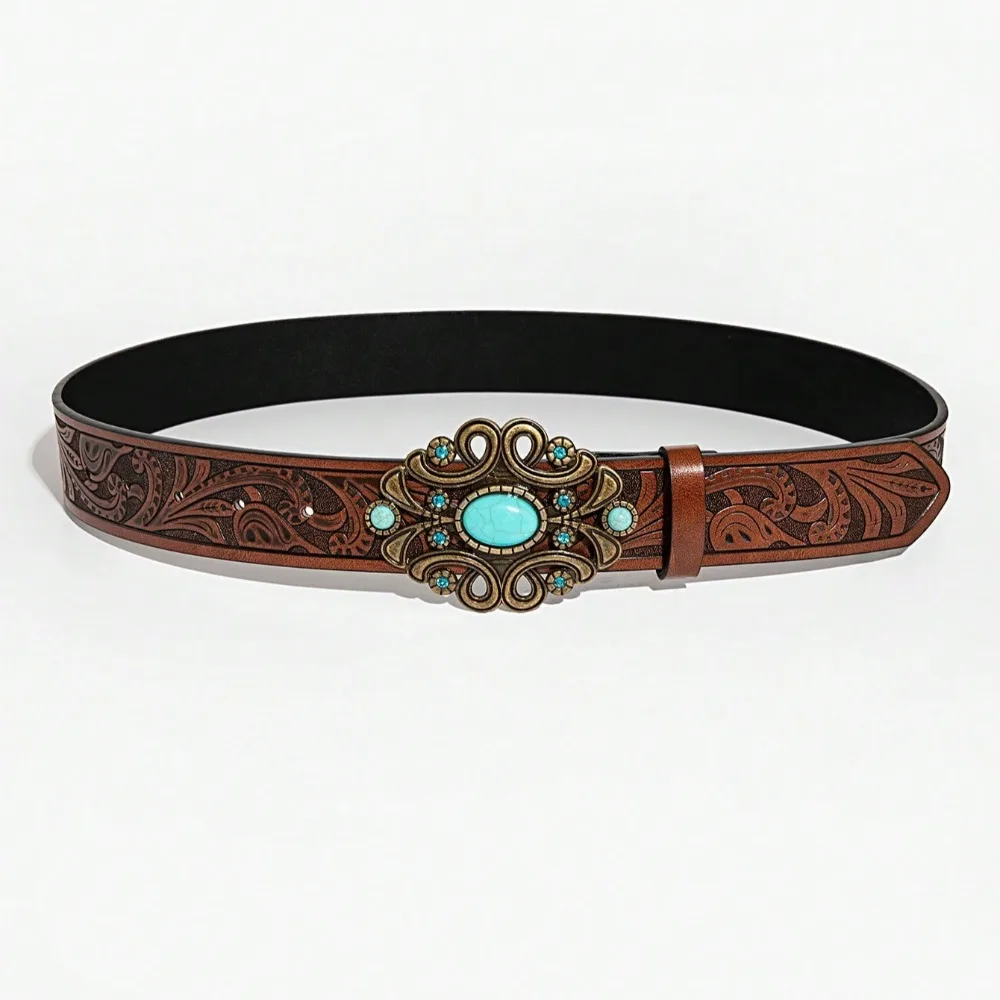 1 Piece of Women's Brown Blue Agate Palace Buckle Flower Embossed Belt Jeans Versatile Accessory Belt